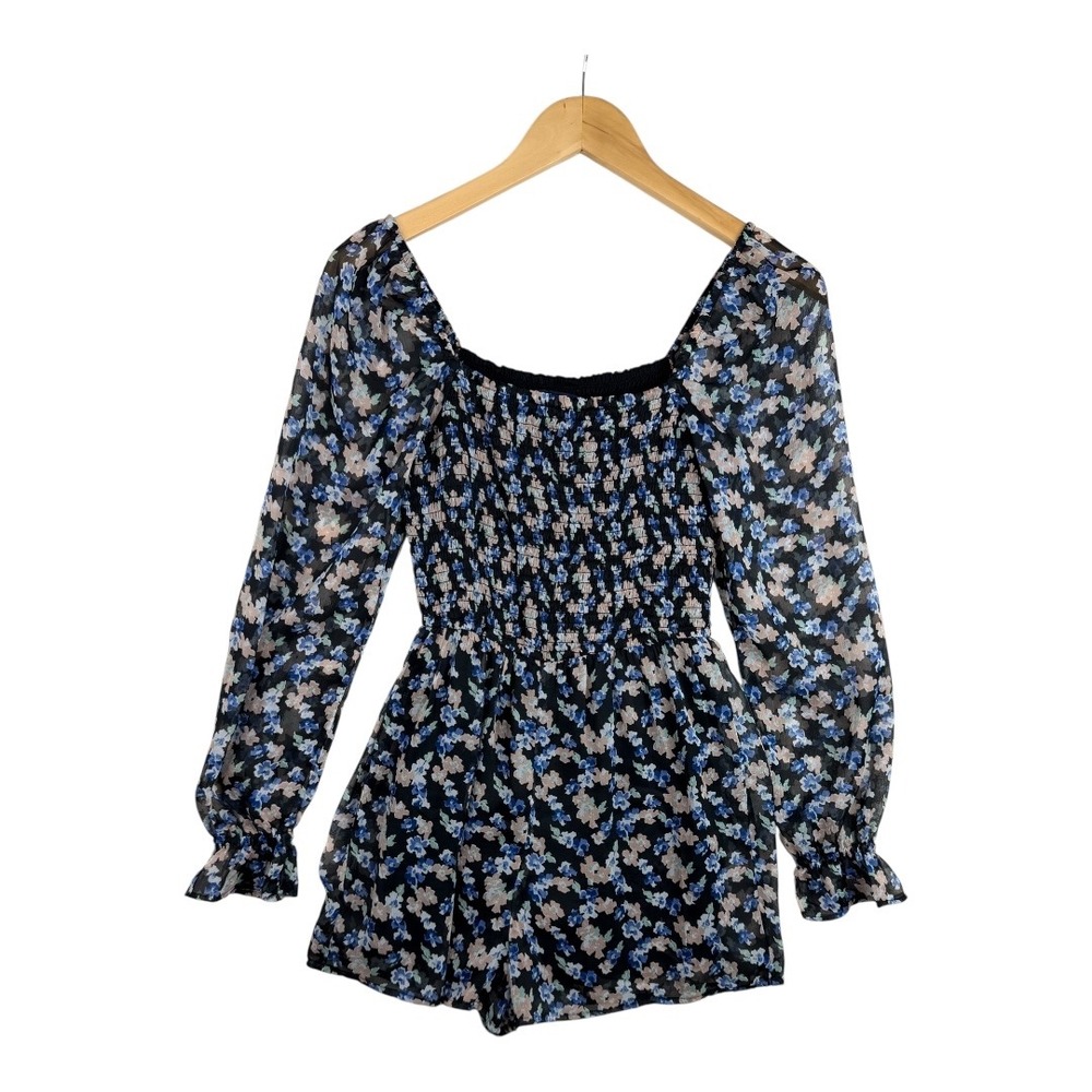 Abercrombie & Fitch Smocked Floral Chiffon Puff Sleeve Romper Size XS Blue Black